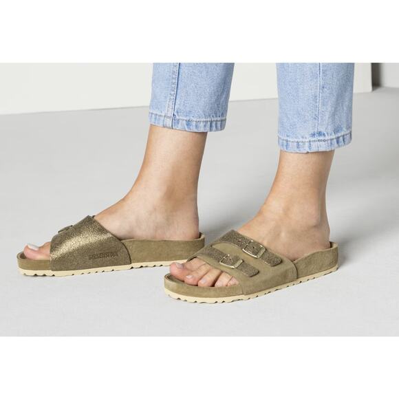 Birkenstock Vaduz Slide Sandals Sz 38 Gold Metallic Suede Leather Slip On Buckle - Picture 3 of 9